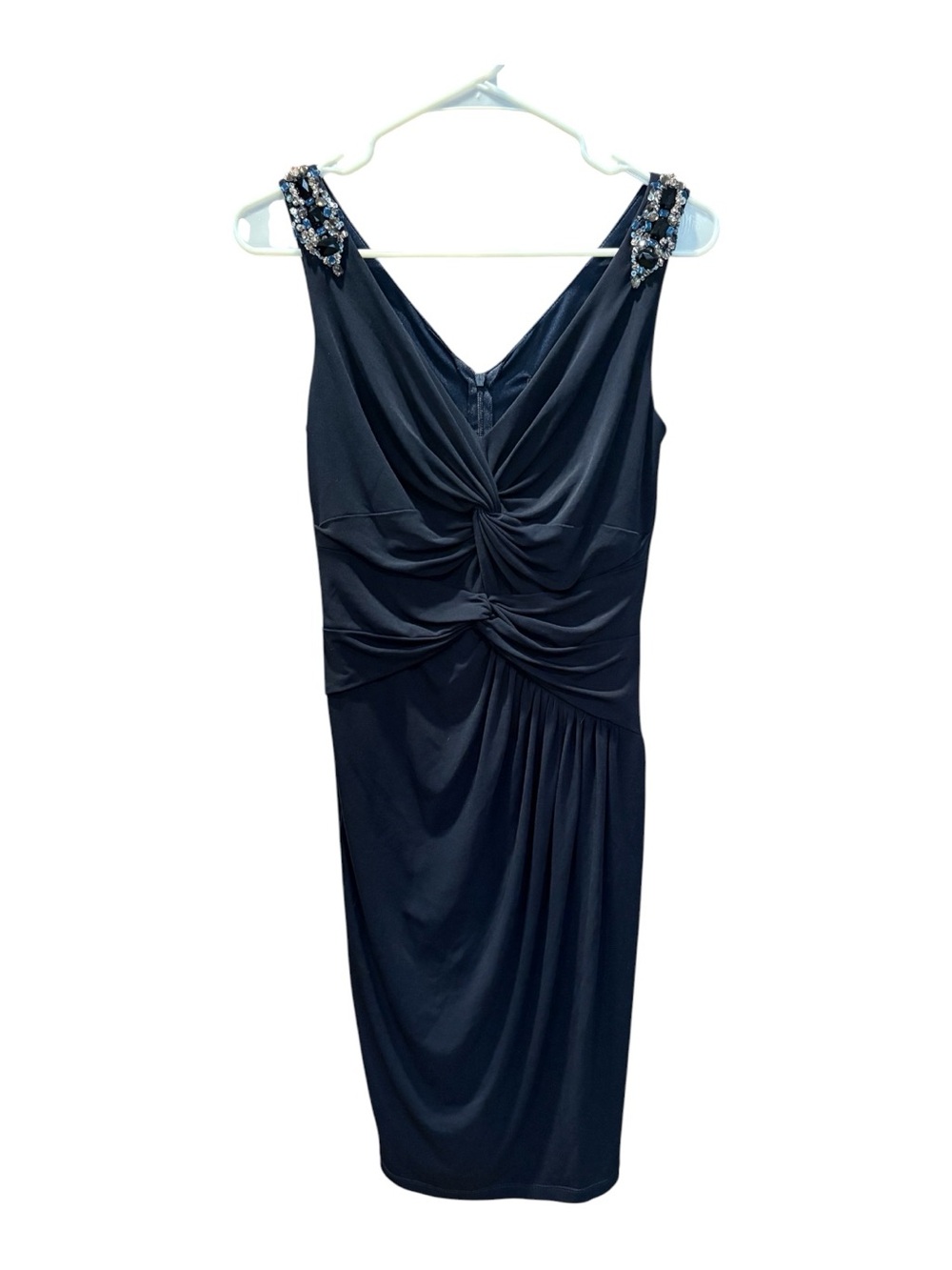 David Meister Navy Midi Sheath Dress with Beaded Shoulder Accents